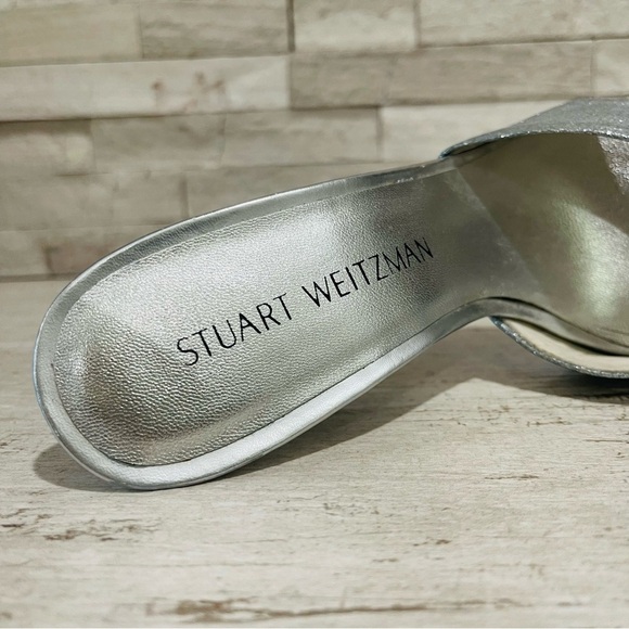 Stuart Weitzman Vintage Silver Glitter Stiletto High Heel Peep Toe Sandals 9M - Picture 12 of 15
